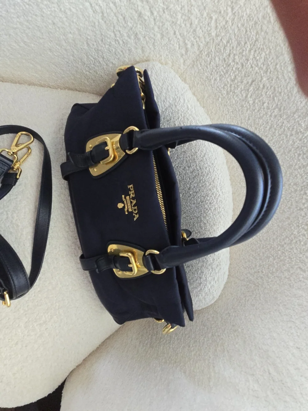 Prada Blue Tessuto Nylon & Soft Calfskin Leather Top Handle Bag